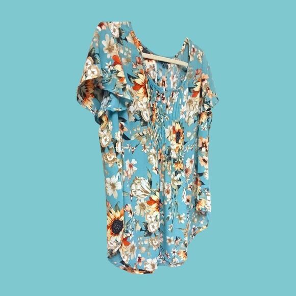  Torrid Plus Size Georgette Pintuck Blue Floral Sunflower Short Sleeves Blou - Picture 7 of 14